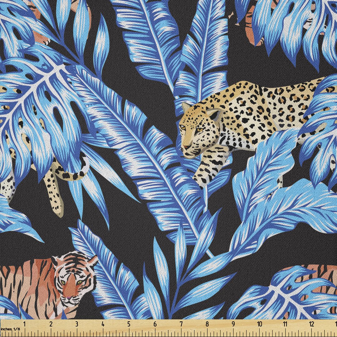 Stoff als Meterware, Blaue tropische Blätter Hawaii, Jaguar, Mehrfarbig