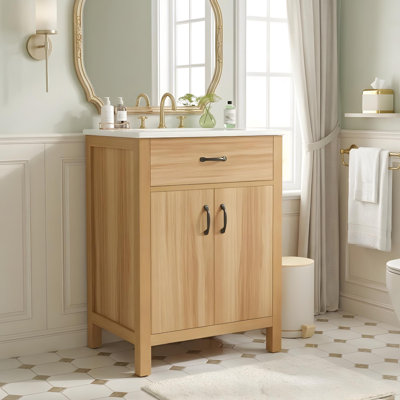 Meuble-lavabo de salle de bain avec lavabo en céramique, tiroir rabattable, portes à fermeture en douceur et tablette à deux niveaux