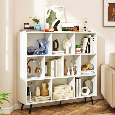 Bookshelf 10-Cube Storage Organizer, Modern 3-Tier Display Rack with Metal Legs & Anti-Tip Safety, Versatile Bookcase for Home Office, Living Room & Bedroom