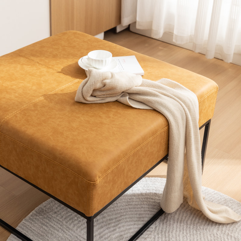 Cattibrie Leather Upholstered Square Ottoman, Yellow Faux Leather