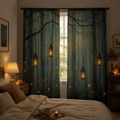 2Pcs Vintage Forest Lantern Curtains, Enchanted Atmosphere Light Filtering Rod Pocket Window Drapes for Living Room Bedroom Kitchen Home Decor