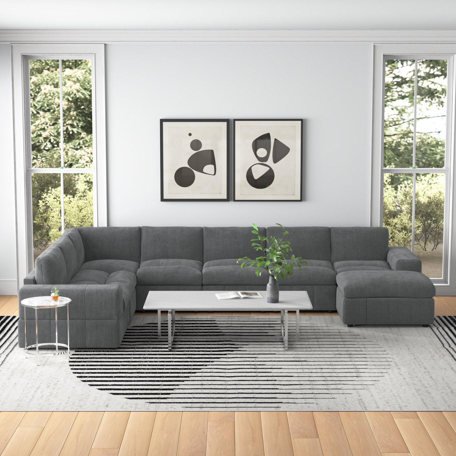 Modern And Cozy Living Room With Corduroy Sofa Pillows Big Window