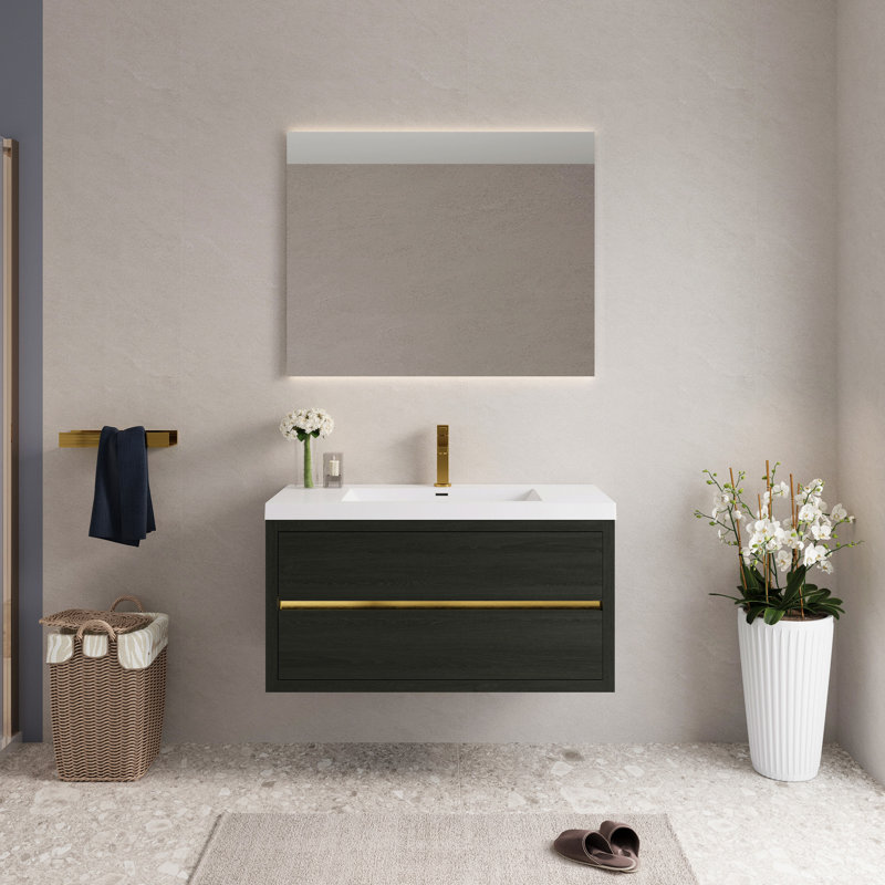 Meuble-lavabo mural 42 po avec lavabo, armoire de rangement flottante avec comptoir en résine de pierre et tiroirs à fermeture en douceur entièrement assemblés