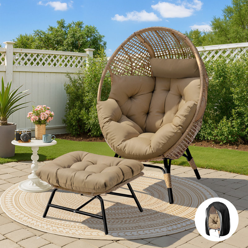 Indoor/Outdoor Wicker Egg Chair with Ottoman and Cushions, Brown