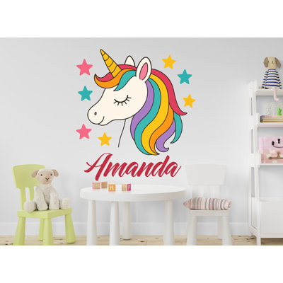 Adhésif décoratif personnalisé nom de fille de licorne, arc-en-ciel de licorne et cœurs de vinyle, autocollants muraux personnalisés pour enfants 1170DRS
