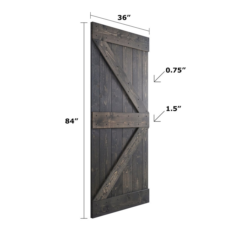 Porte de grange nouée à panneaux en bois et métal K Series, 36 po x 84 po, Gris carbone