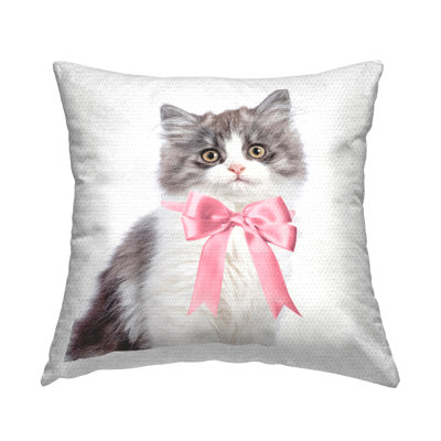 Stupell Industries Kitten With Pink Bow Outdoor Printed Pillow By Sisi And Seb In White