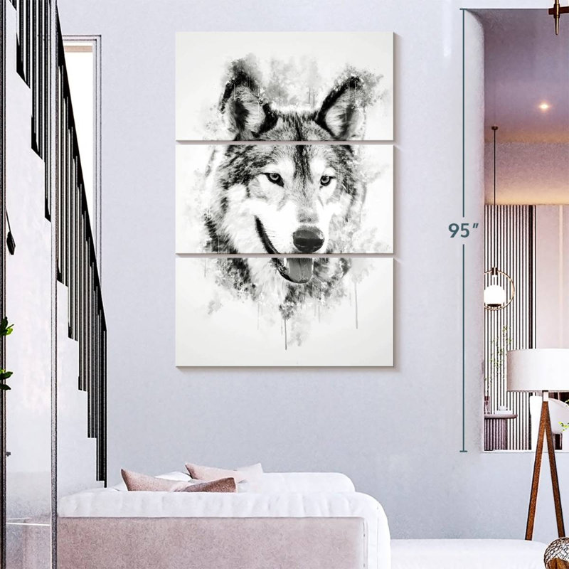 Tête de loup en noir et blanc, H 38 po x l 24 po