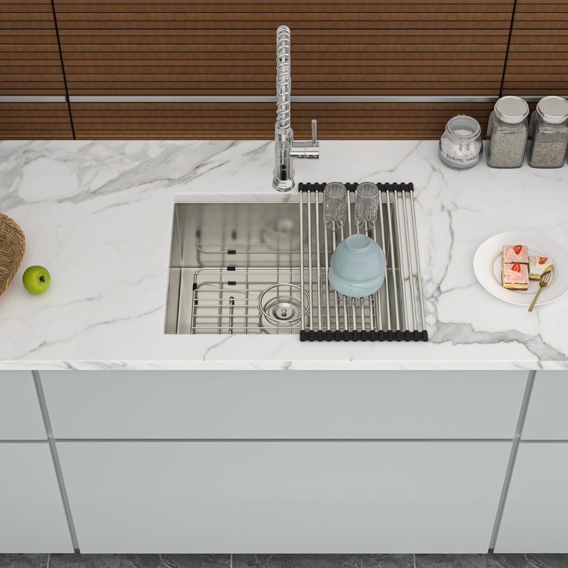 21 po, 9 po de profondeur, évier simple encastrable, couleur nickel brossé, drainage de l'eau en forme de X, - jet de condensation, grille de séchage pliable en acier inoxydable, grille de rinçage de fond en acier inoxydable, guide d'installation,