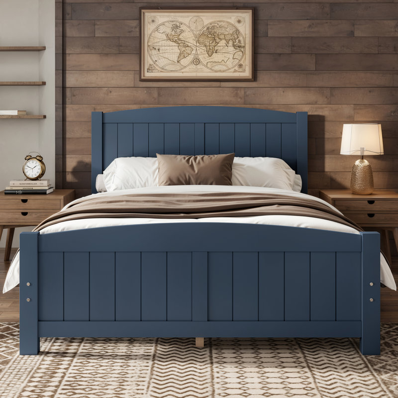 Lit plateforme en bois massif bleu, taille standard, avec lattes de soutien, structure robuste, aucun sommier requis., Double