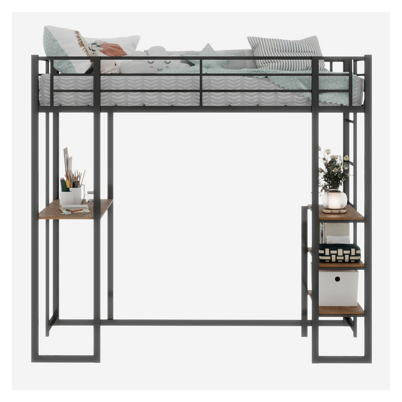 Lit mezzanine simple avec bureau en L, lit superposé à structure en fer robuste pour enfants et adolescents, poste de travail en métal noir avec échelles doubles et tablettes de rangement