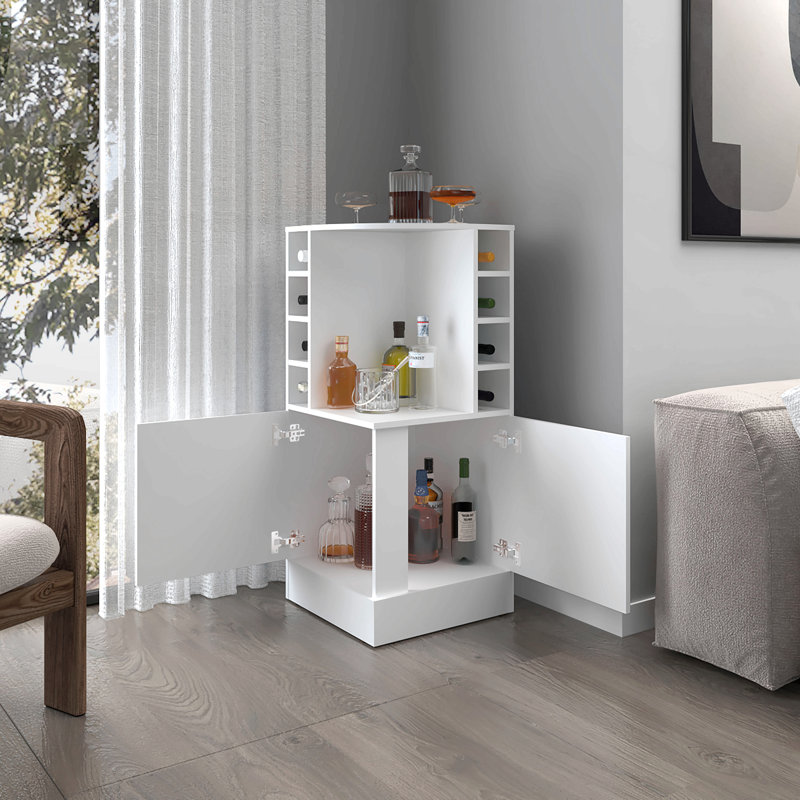 Toyei Corner Bar Cabinet With Bottle Rack, Open Shelves, And Hidden Storage, White