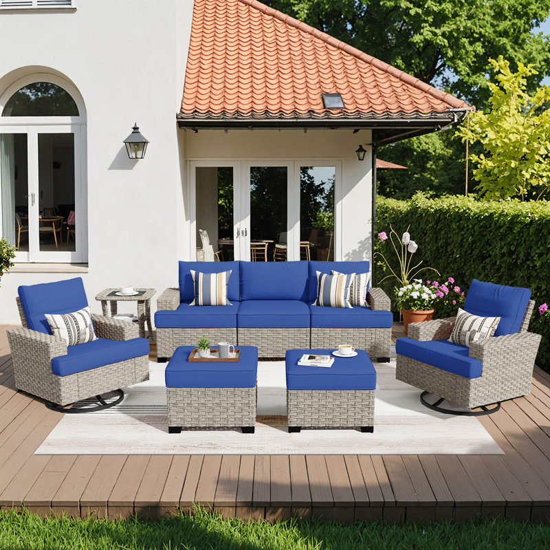 Ensemble de conversation d'extérieur en rotin pour 7 personnes avec chaises berçantes pivotantes, Marine