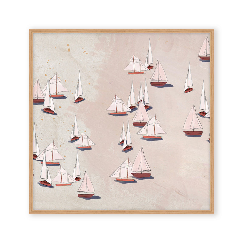 Coastal Retreat Modern Ensemble: Sailboat Odyssey, Beige, Framed Matted Print, 24" H x 24" W