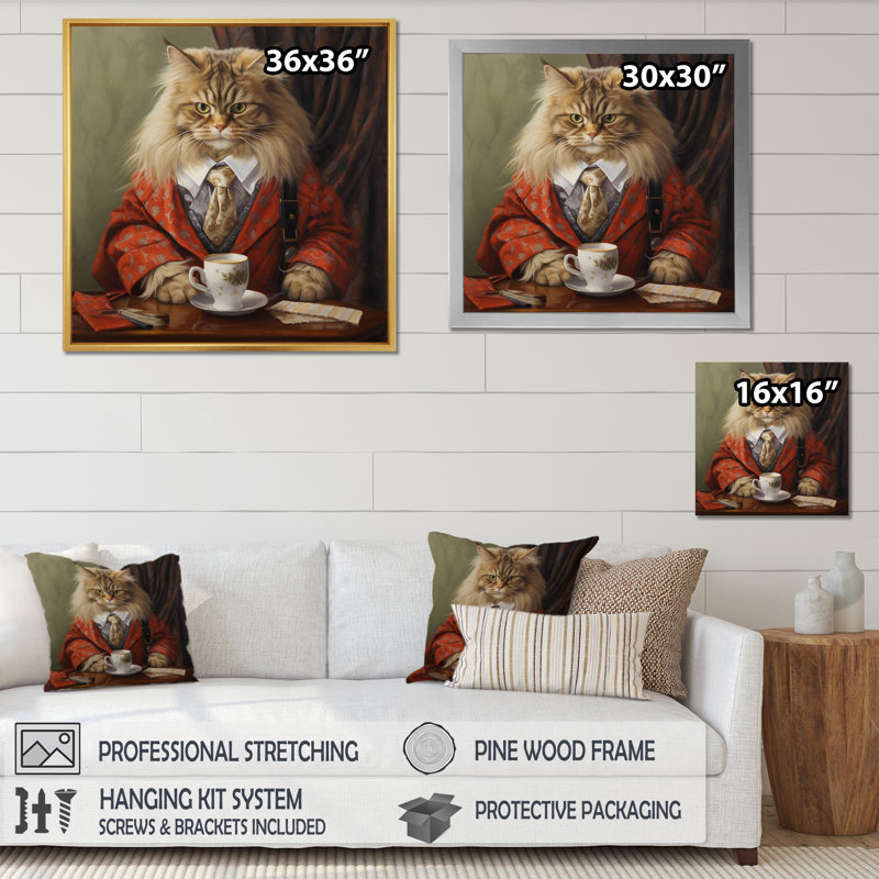 Chat blanc sibérien en costume élégant I, H 30 po x l 30 po x P 1 po, Cadre simple blanc