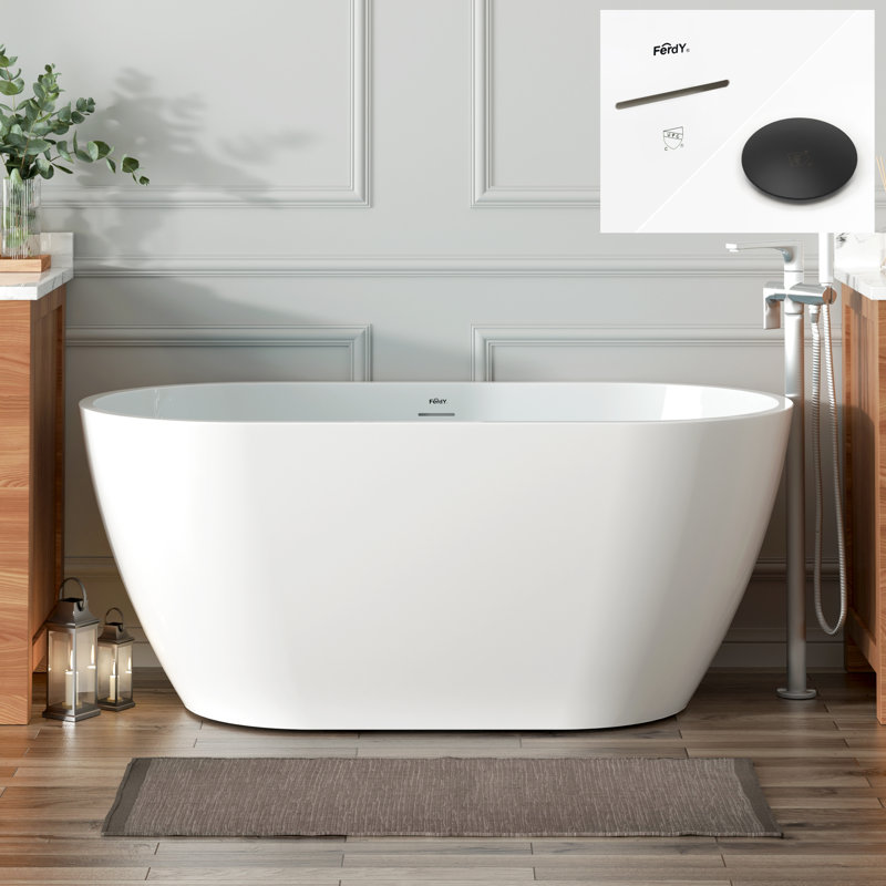 Bali 55" x 28" Freestanding Soaking Acrylic Bathtub with Mattle Black Drain