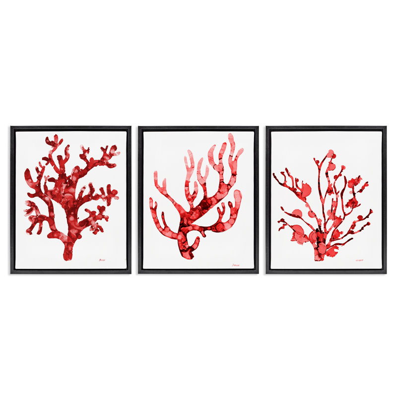  Ensemble de 3 toiles flottantes "Bold Red Coral" par Patti Mann, Cadre flottant noir de jais, H 21 po x l 17 po
