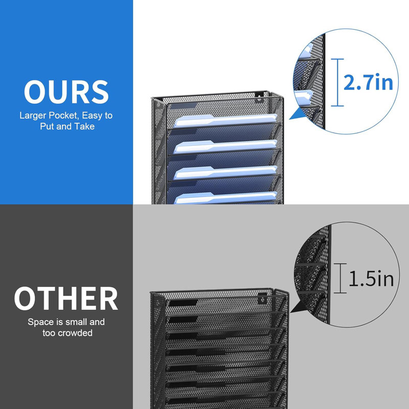 12 Tier Wall Mount File Organizer with Hooks Vertical Hanging Document Storage Rack