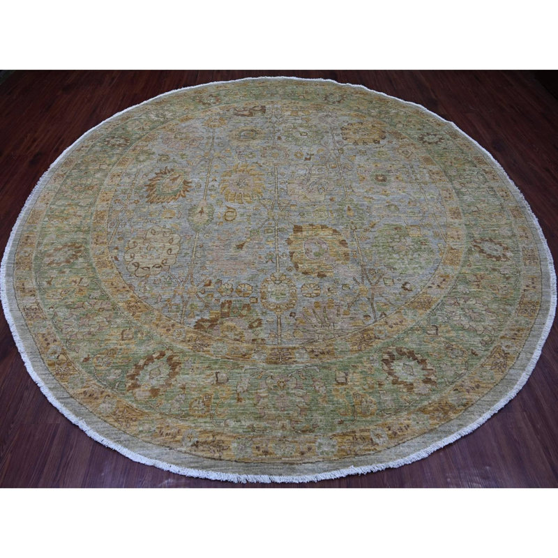Tapis oriental 10 pi x 10 pi gris clair, Peshawar avec motif Ziegler Mahal, laine de haute montagne, tissage dense, noué à la main, rond