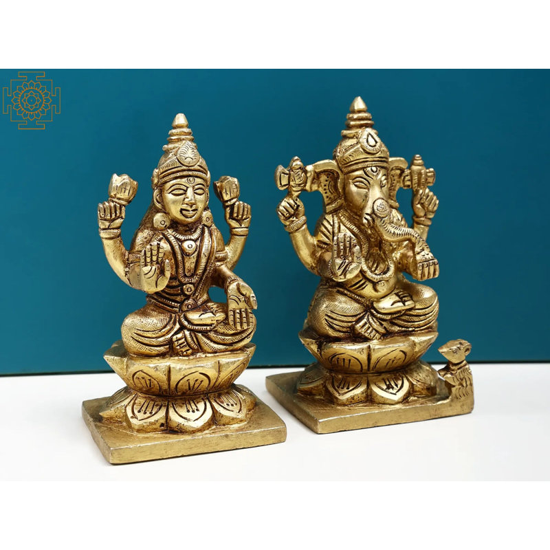 Statue de Lakshmi Ganesha sur piédestal en laiton 4 po