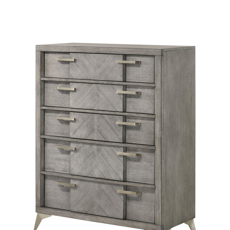 Commode 5 tiroirs en placage assorti gris avec guides latéraux et quincaillerie sur mesure, parfaite pour les solutions de rangement modernes.