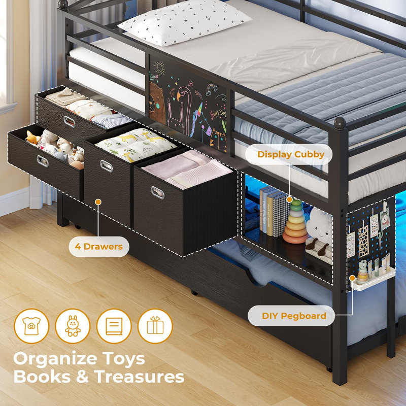Low Loft Bed Twin Size With Trundle And Led Lights, Loft Bed With 4 Storage Drawers, Diy Pegboard, Black, Black