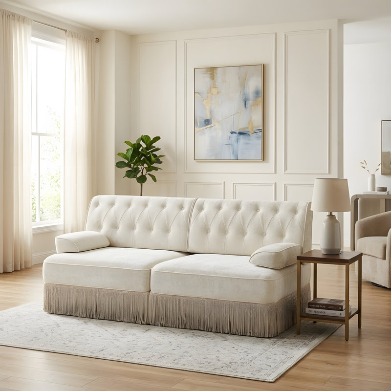 Canapé de style Chesterfield, Beige, H 34,18 po x l 76,58 po x P 33,78 po