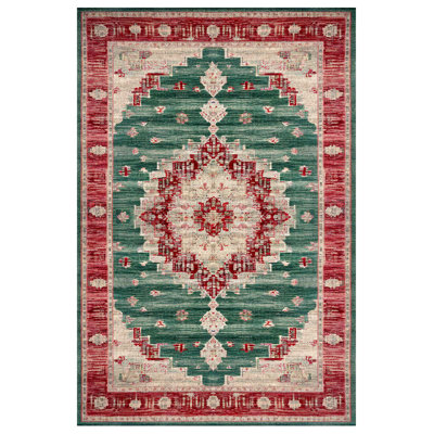 Otto Burgundy Green Beige Oriental Machine Printed Cotton Polyester Area Rug