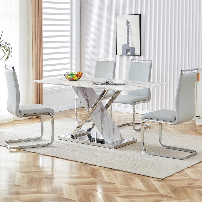 5-Piece Modern 63" Rectangular Faux Marble Glass Dining Set with Faux Leather Cantilever Chairs, Light Gray