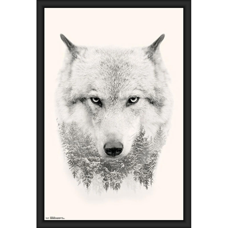 Loup et arbres - Reproduction d'art graphique sur papier, Papier encadré noir, H 36,5 po x l 24,75 po x P 1 po