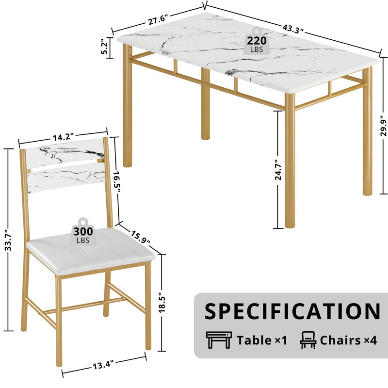 Ensemble de salle à manger 5 pièces en bois avec chaises rembourrées pour petits espaces