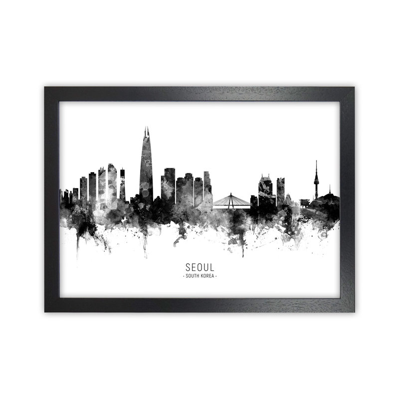 Seoul South Korea Skyline Black White City Name by Michael Tompsett - Print, 34cm H x 46cm W x 3cm D, Black Framed