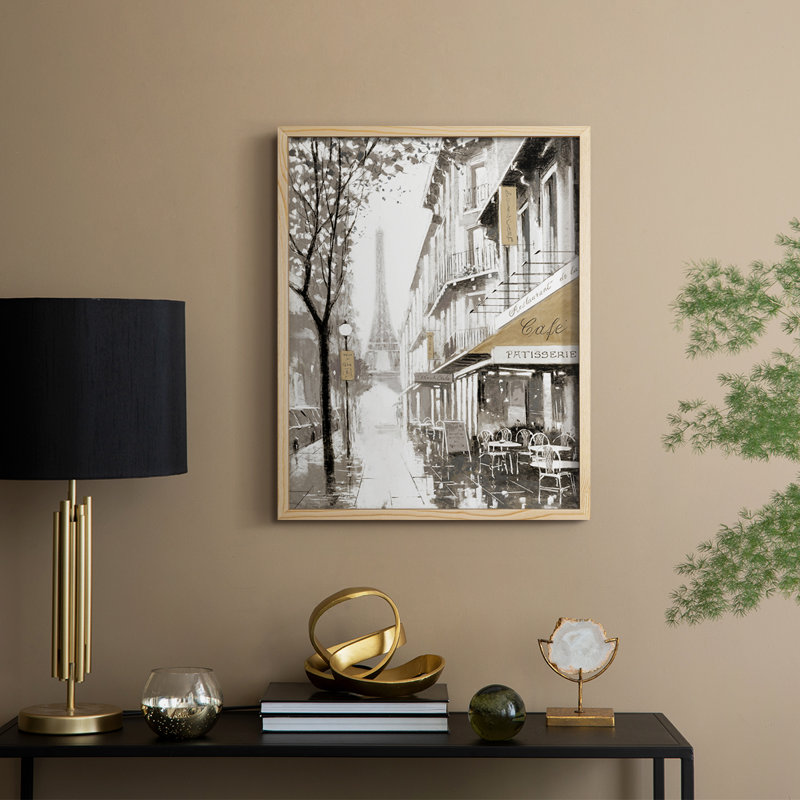 «Stroll Through Paris I», reproduction encadrée - bois massif, Naturel, 21" H x 17" W