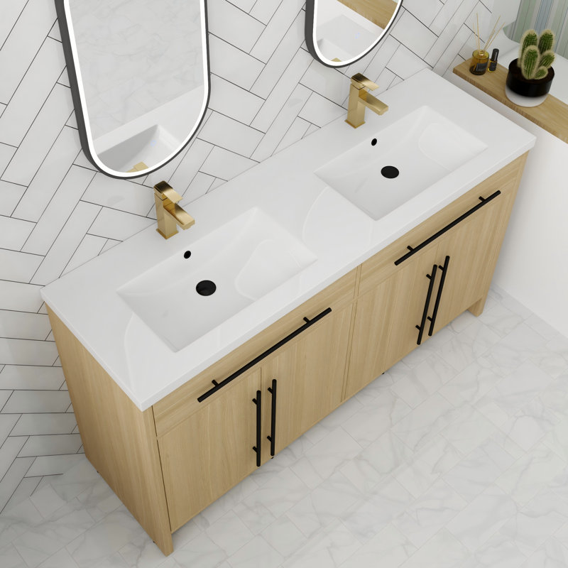 Meuble-lavabo de salle de bain autoportant en résine 60 po avec porte à fermeture en douceur et tablettes, 60"
