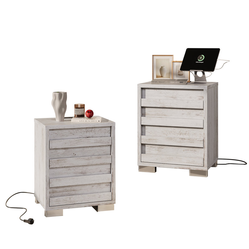 Ashara Farmhouse 2 Nightstands with Charging Station, Distressed White