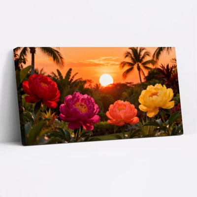 Coucher de soleil tropical avec pivoines colorées, reproduction d'art sur toile tendue sur toile, ensemble de 1
