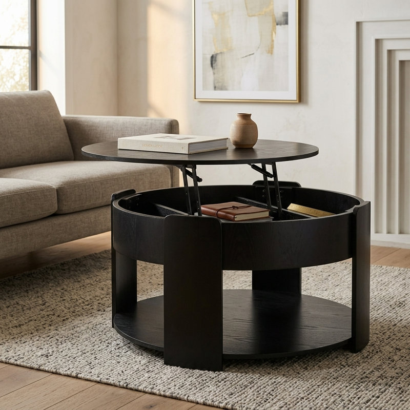 Table basse ronde à plateau relevable en panneau de fibres à densité moyenne 32,5 po avec finition grain de bois 1 pièce