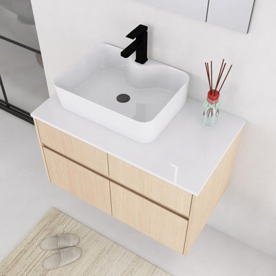 Meuble-lavabo mural 32 po avec lavabo en céramique, 2 portes à fermeture douce et 1 tiroir