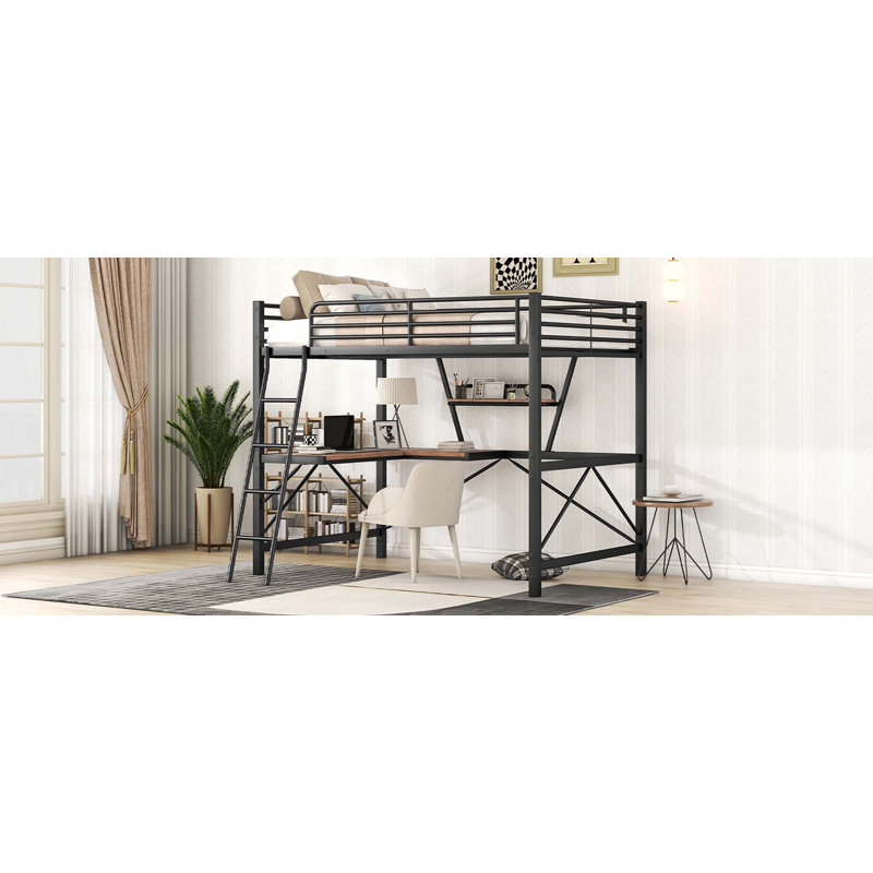 Lit en bois et panneau de fibres à densité moyenne avec bureau et tablette Loft, Lit double, Noir