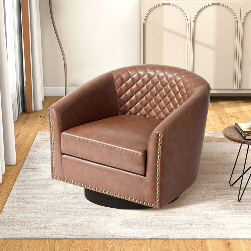 75.2Cm Wide Tufted Swivel Barrel Chair, Brown