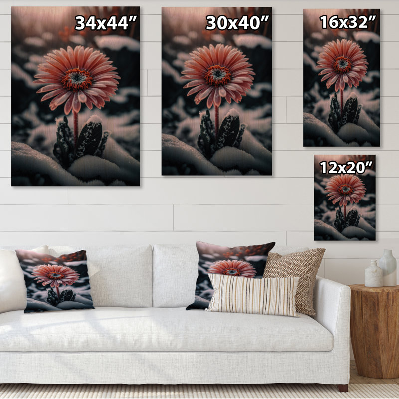 Une fleur de gerbera rose en hiver II - impression sur toile, H 44 po x l 34 po x P 1,5 po, Toile tendue