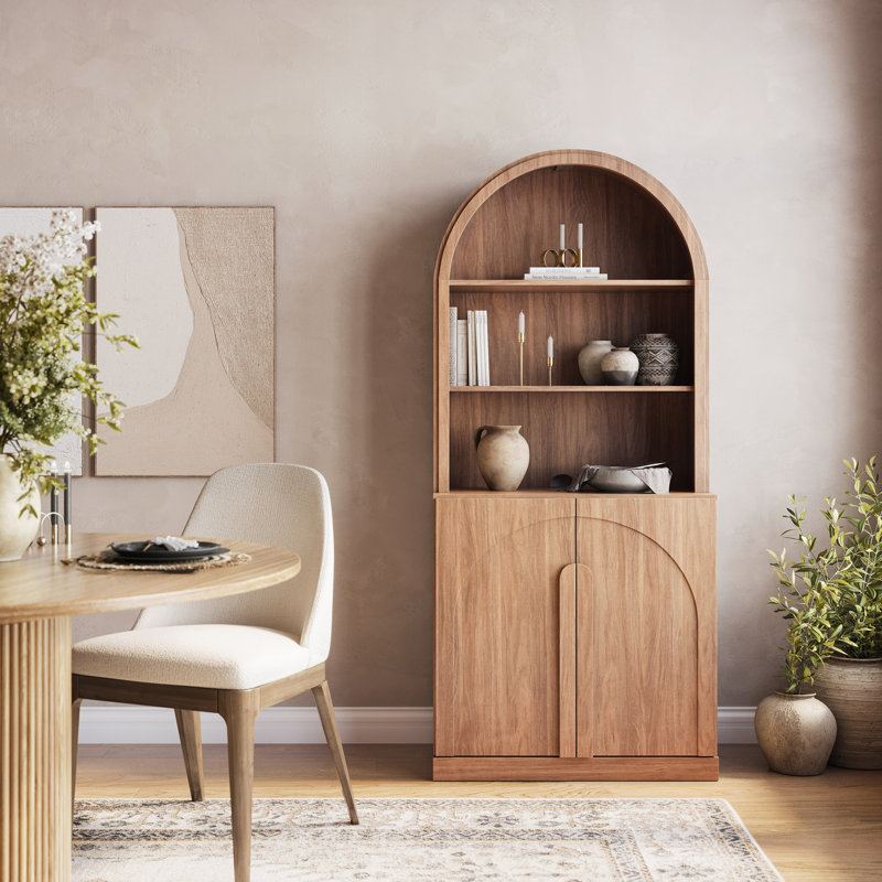 Bibliothèque cintrée de 180 cm de hauteur avec rangement, couleur camel, Chameau