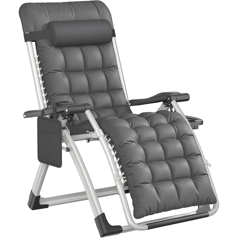 1 Pack Sun Loungers for Garden Heavy Duty Zero Gravity Chairs Padded Folding Deck Recliner 90-170° with Pillow, Cup Holder & Side Pocket Textilene Steel Frame 150kg Capacity