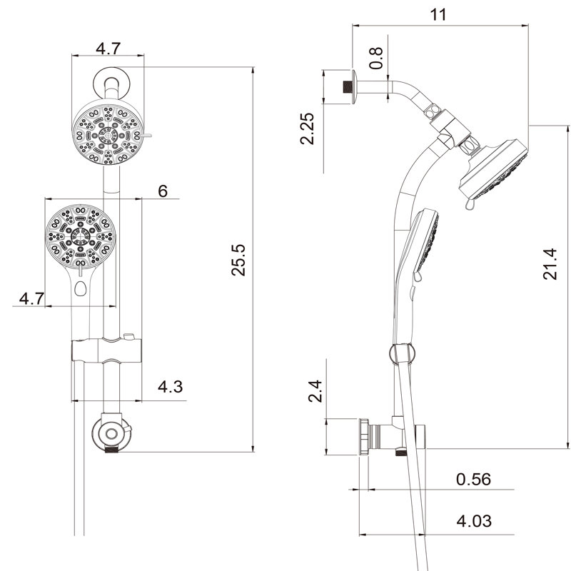 Pomme de douche double multifonction - Système de douche avec pomme de douche à pluie de 4,7 po, douche à main 8 fonctions, barre coulissante réglable, noir mat