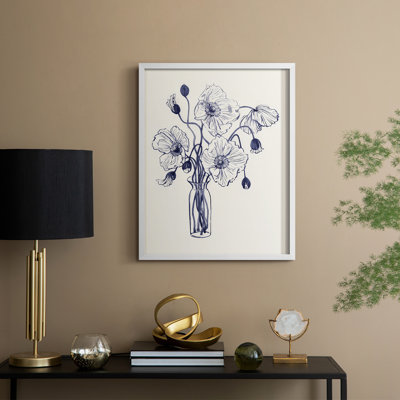 Navy Watercolor Poppies I Framed Print - Solid Wood