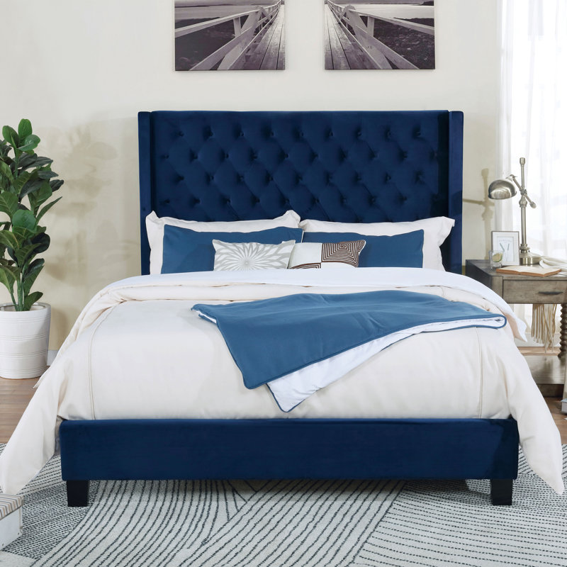 Barta Upholstered Wingback Bed, Queen, Navy