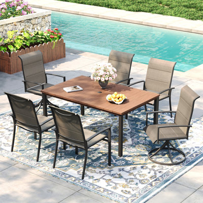 63" Patio Dining Set with Rectangular Metal Dining Table, 4 Textilene Padded Armrest Chairs, 2 Swivel Textilene Chairs