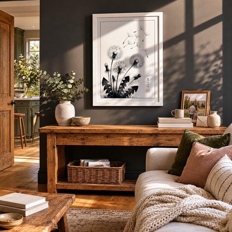 Dandelions in Dispersal Japandi - Framed Print, A3 - 42.0 x 29.7 cm, White
