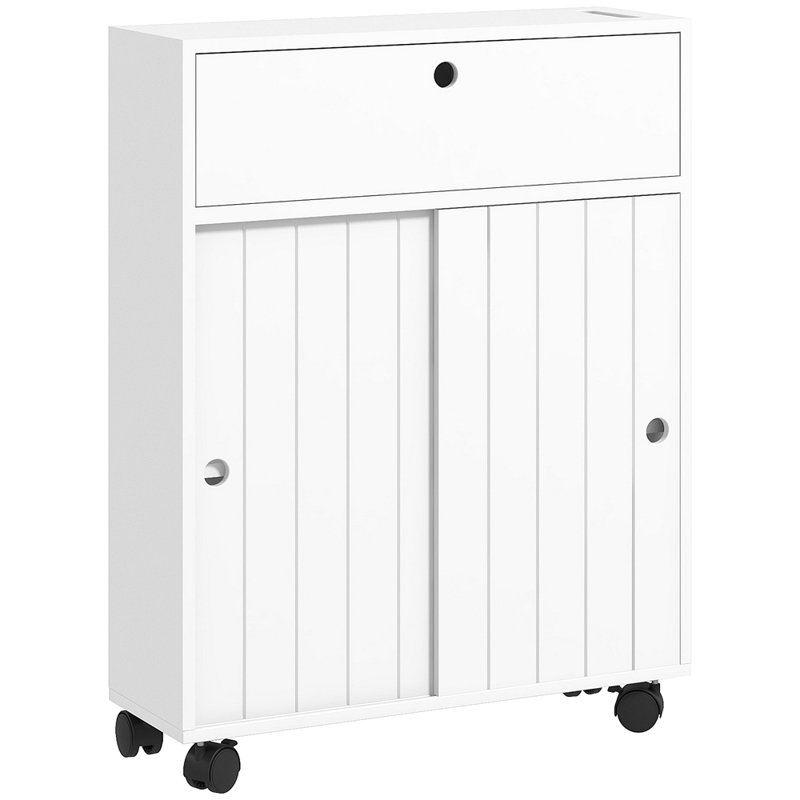 Armoire à papier hygiénique, armoire de salle de bain mince avec 4 roulettes, petite armoire de rangement de salle de bain avec trous en papier, portes coulissantes et tablette réglable pour les petits espaces