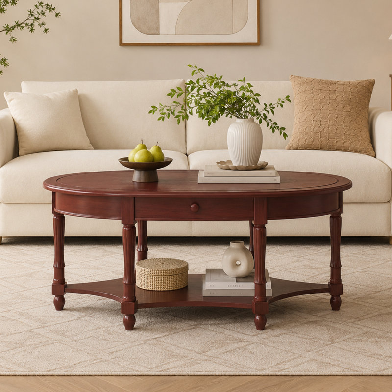 Table basse ovale sculptée de style campagnard français vintage avec tiroir, étagère inférieure et pieds tournés, idéale pour un salon ou un cottage.